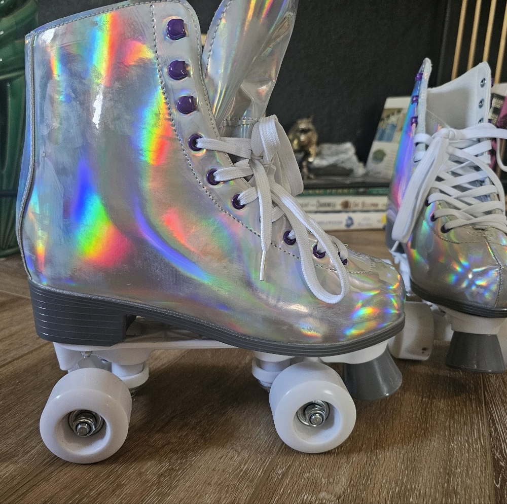 Holographic Roller Skates with White Laces